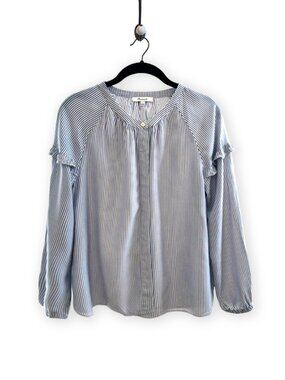 Madewell Blue & Off White Striped Ruffle-Trim Long Sleeves Blouse